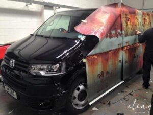 vw t5 with rust patterned wrap foil 6