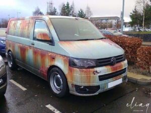 vw t5 with rust patterned wrap foil 7