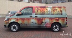 vw t5 with rust patterned wrap foil 8